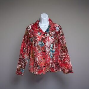 Chicos Semi Sheer Open Front Button Top Womens Size 2 Abstract Floral Art